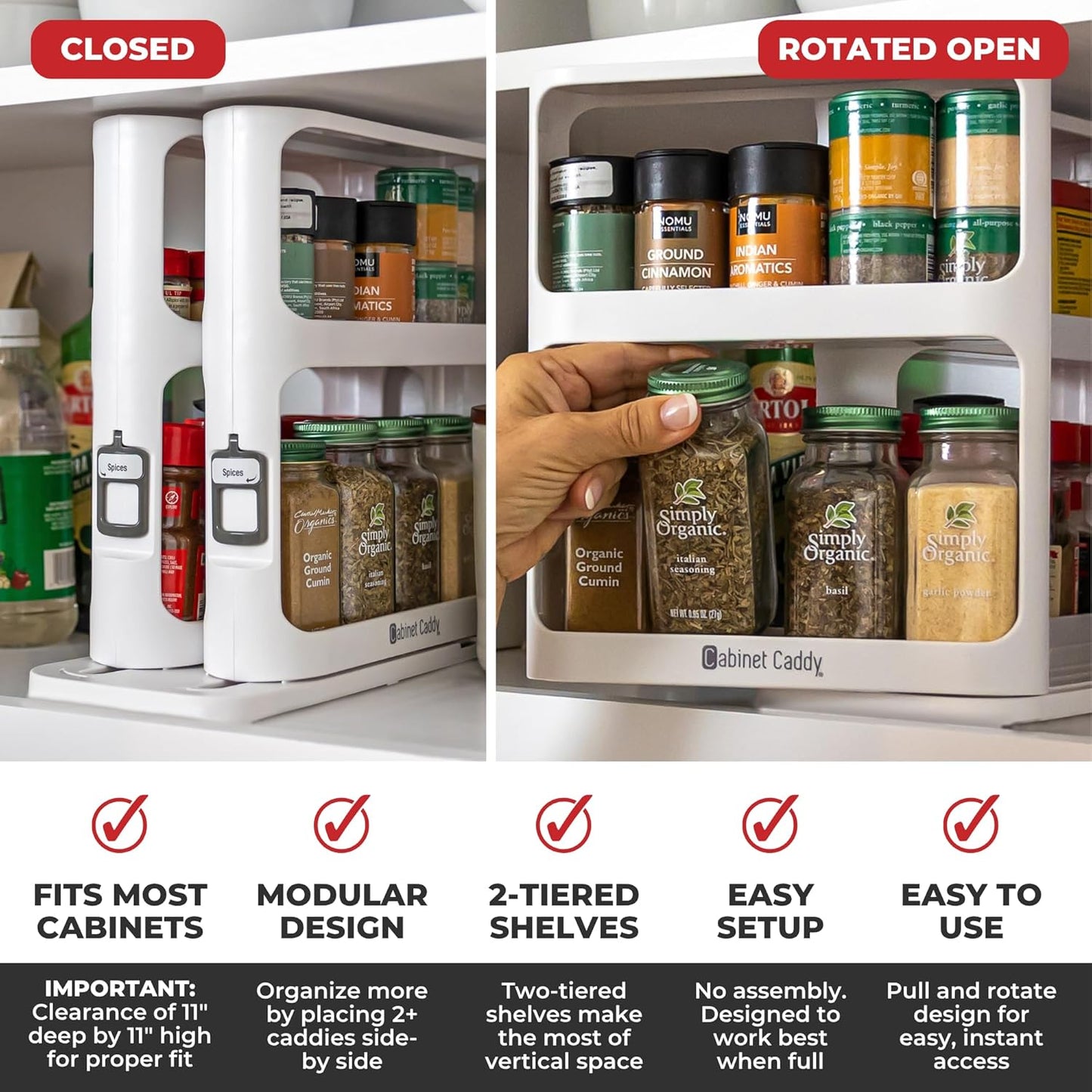 Cabinet Caddy Spice Rack Organizer for Cabinet - Slide & Rotate Kitchen Organizers and Storage - 2 Double-Decker Shelves - Non-Skid Base - Magnetic Modular Design - 10.8" H x 5.25" W x 10.8" D