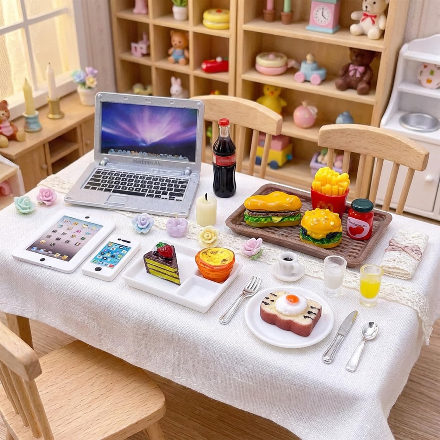 20Pcs Miniature Laptop Computer Tablet Toy Phone Pad and Hamburger Fries Cola Fast Food Cake Coffee Juice Fits Barbie Doll Accessories Scale Dollhouse Playsets Girl Mini Drink Food Party