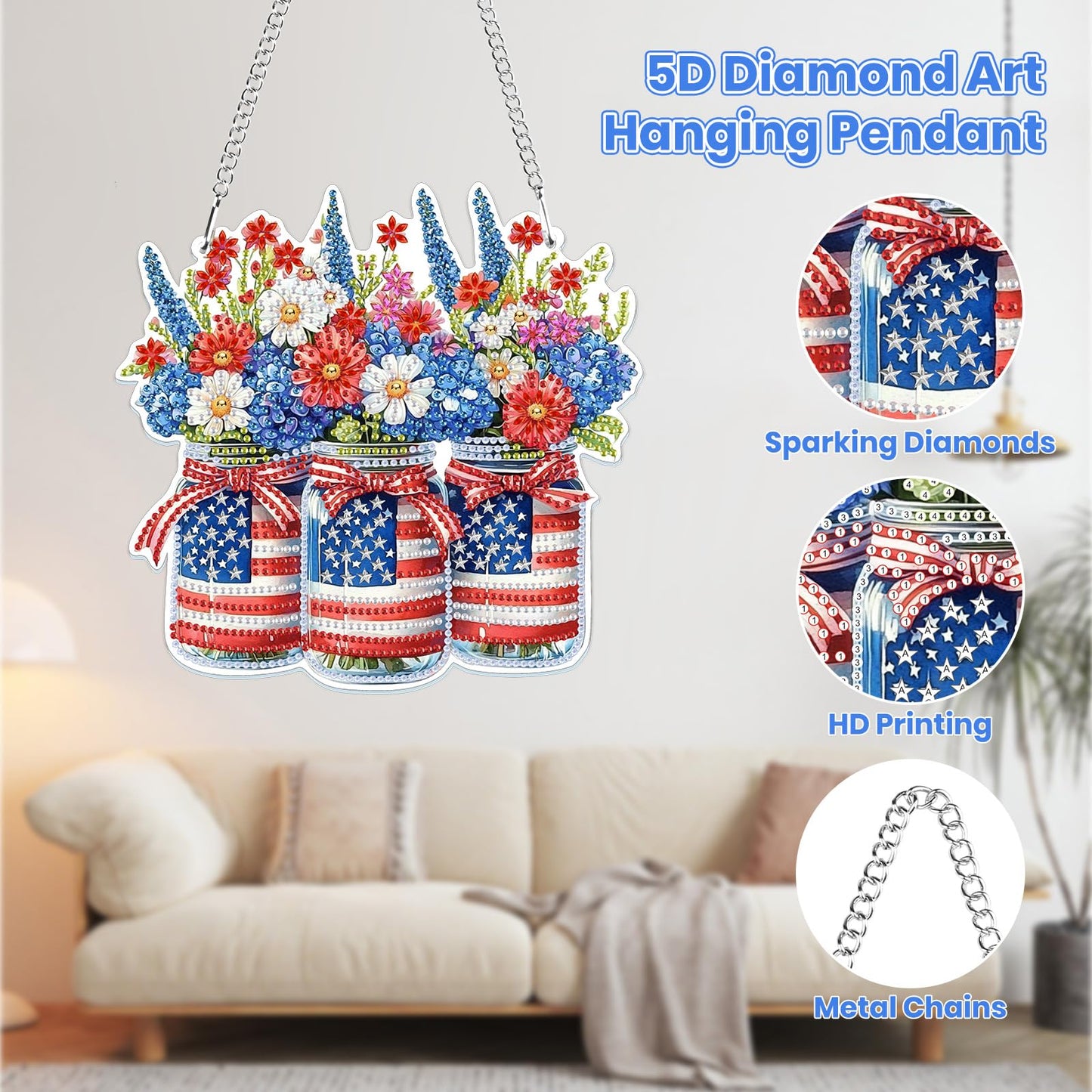MOGTAA Independence Day Flowers Diamond Art Hanging Pendant Kits, Patriotic Diamond Art Kits for Adults, 5D Special Shape Diamond Painting Kits Gem Art Suncatcher Ornament for Home Decor