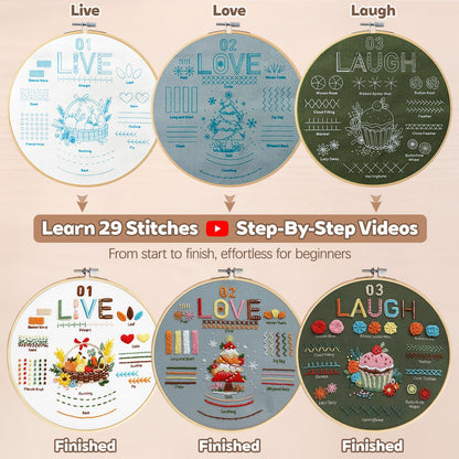 CLRDIVA Embroidery Starter Kit for Beginners: Easy DIY Needlepoint Set with Phone Stand for Step-by-Step Video Tutorials - Stress Free to Learn 29 Basic Stitches - Relaxing Crafts for Adults