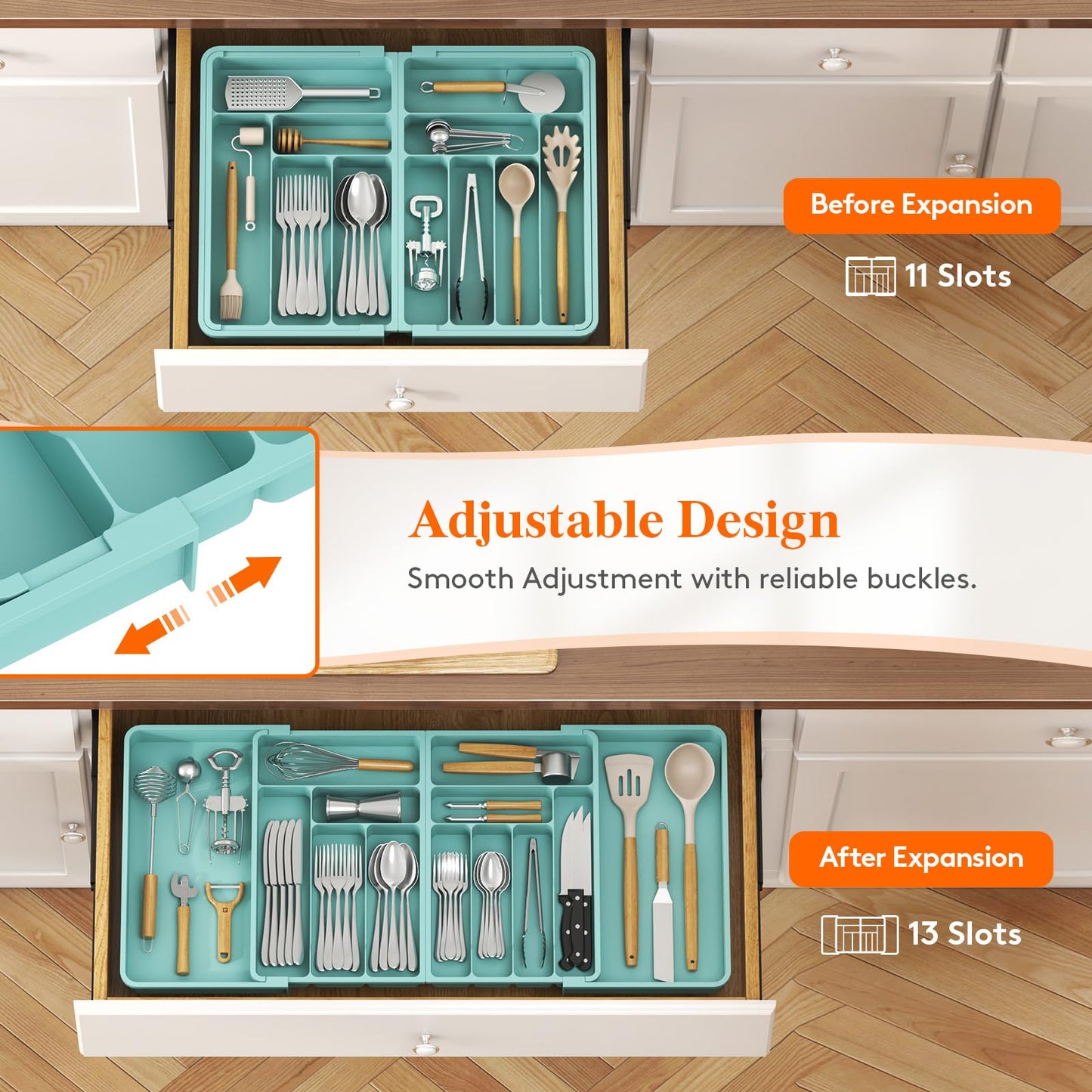 Lifewit Large Silverware Drawer Organizer, Expandable From 21 to 36 Inches, BPA Free Plastic Utensil Tray for Kitchen, Adjustable Flatware and Cutlery Holder for Spoons Forks Knives, Black