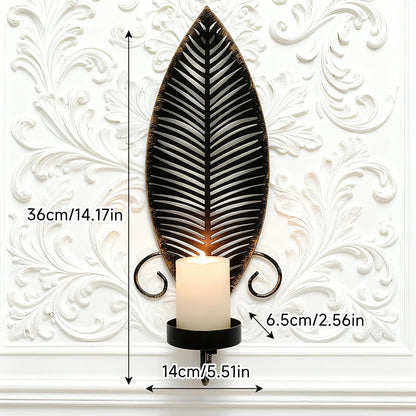 Leaf Wall Candle Sconces Vintage Metal Candle Holder, Set of 2 Wall Candlestick Mounted for Hallway Fireplace Bedroom Living Room (Black)