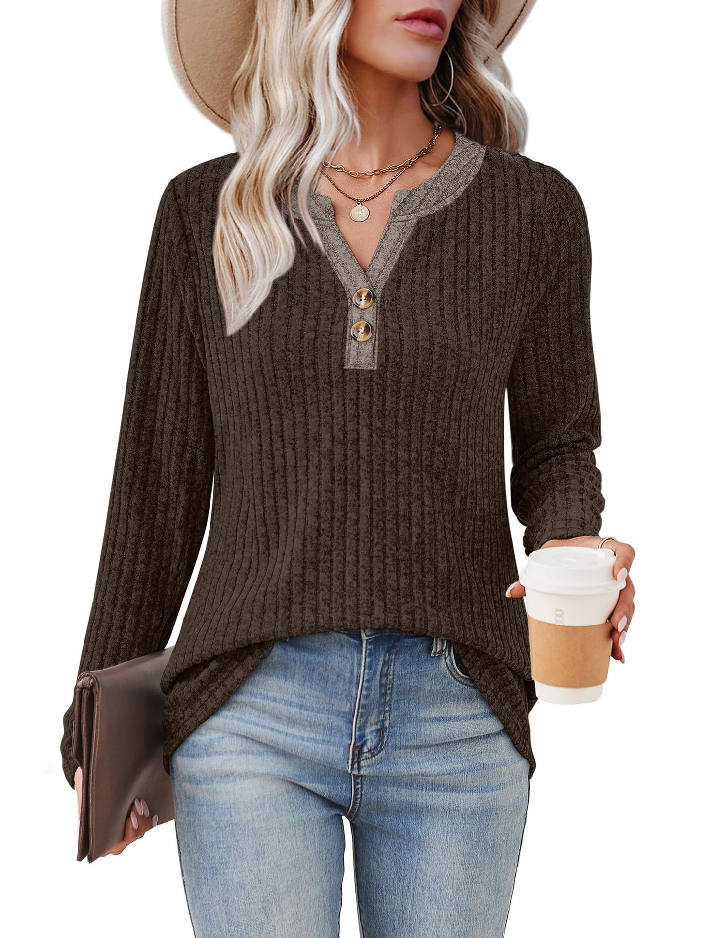 SAMPEEL Womens Sweaters Lightweight Long Sleeve Shirts V Neck Tops with Button Fall Outfits 2025
