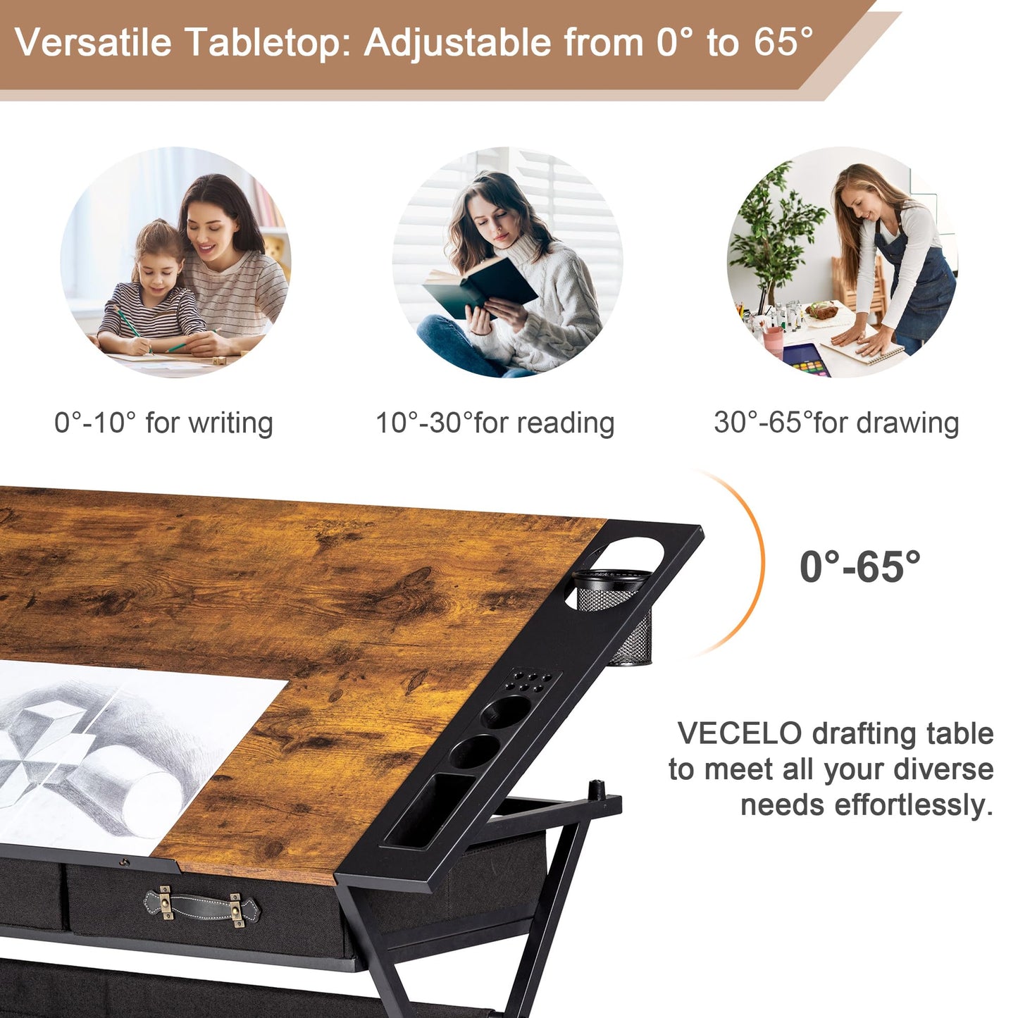 VECELO Drafting Table Art Desk Art Table Adjustable Drawing Table Tilted Tabletop with 2 Storage Drawers and Stool, Drawing Desk for Artist Painters Drawing, Crafting, Reading, Writing, Rustic Brown