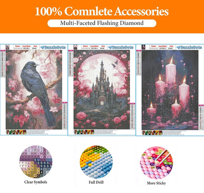 DAZZLEDOTS Diamond Art Kits for Adults, 3 Pack Pink Diamond Painting Kits for Beginner DIY Crow Castle and Candle 5D Full Drill Diamond Dots Crafts for Home Wall Decor Gifts 12x16 Inch