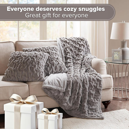 Set 2 50"x 60" Comfort Spaces Ruched Faux Fur Plush Throw Blanket and Pillow with Matching Square Pillow Covers Sofa