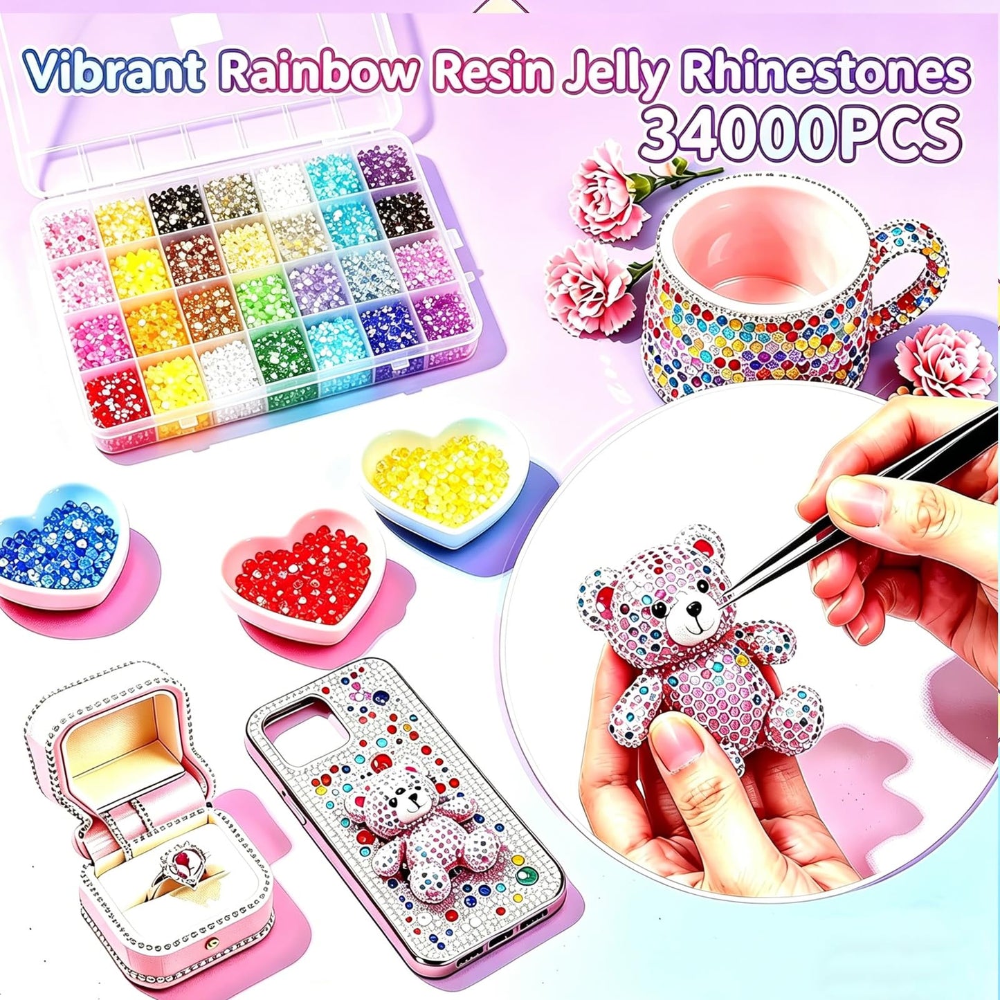 YLPARTCHER 34000PCS 28 Colors Jelly Resin Rhinestones Kit with 3Pcs B7000 Glue, 3mm Flatback Gems for Bedazzling Crafting, Multicolor Diamonds for Clothes Shoes Nail Art Diamond Painting Makeup DIY