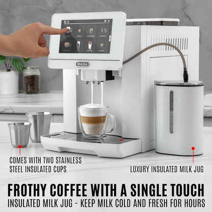 Zulay Magia Fully Automatic Espresso Machine - 19 Customizable Coffee Options | Includes Insulated Milk Container & Deluxe Cups - Auto-Cleaning - OG White