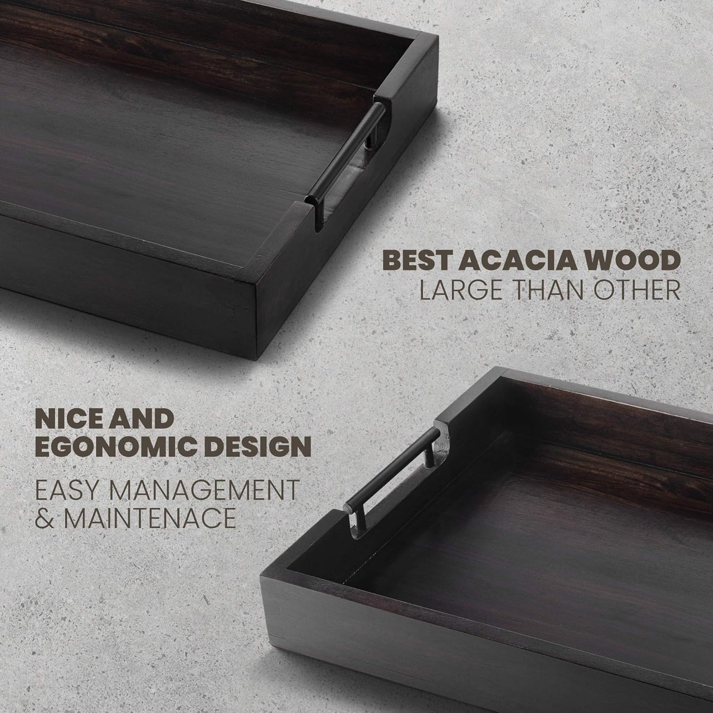 RAKYTO 16.5x12.5in Packaging Ottoman Tray, Acacia Wood Serving Tray with Metal Handles, Food Drinks Tray for Coffee