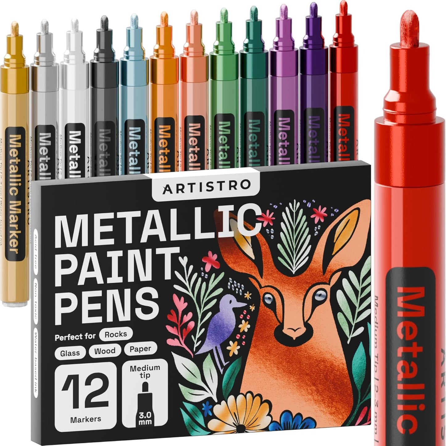 12 3mm ARTISTRO Metallic Paint Pens for Glass Marking, Rock Painting, Ceramic, Wood, Fabric, Scrapbooking, DIY Craft