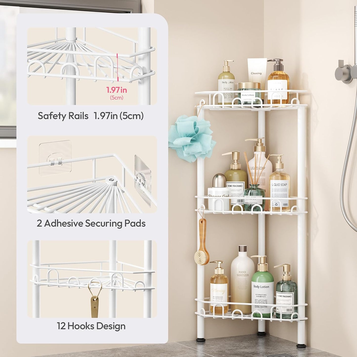 3Tier 12 SWTYMIKI Standing Shower Caddy Corner - Stainless Steel ShowerOrganizer Shelf with Hooks and Adhesive Pads