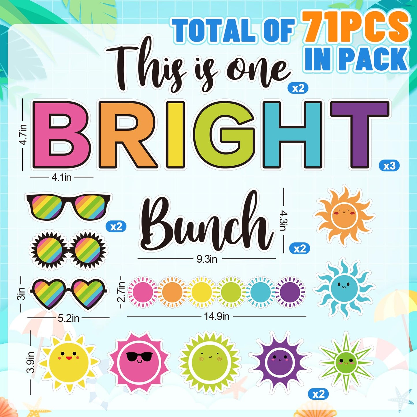 78 Pcs Summer Sun Bulletin Board Decoration Set This is One Bright Bunch Cut-Outs Tropical Sun Sunshine Sunglasses Paper Cutouts with 150 Pcs Glue Points for Hawaiian Party Classroom