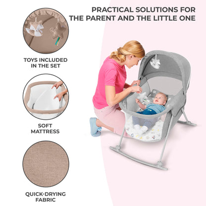 Kinderkraft LOVI Travel Bassinet for Baby, Portable Folding Baby Bed with Built-in Mosquito net, Adjustable Hood and an Additional Cradle Function, Beige