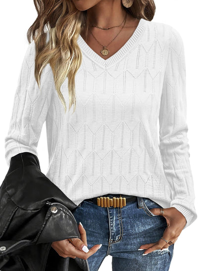 OFEEFAN Womens Sweaters Long Sleeve Shirts Fall Outfits 2025 V Neck Soft Knit Pullover Trendy Tops Dressy Casual Blouses