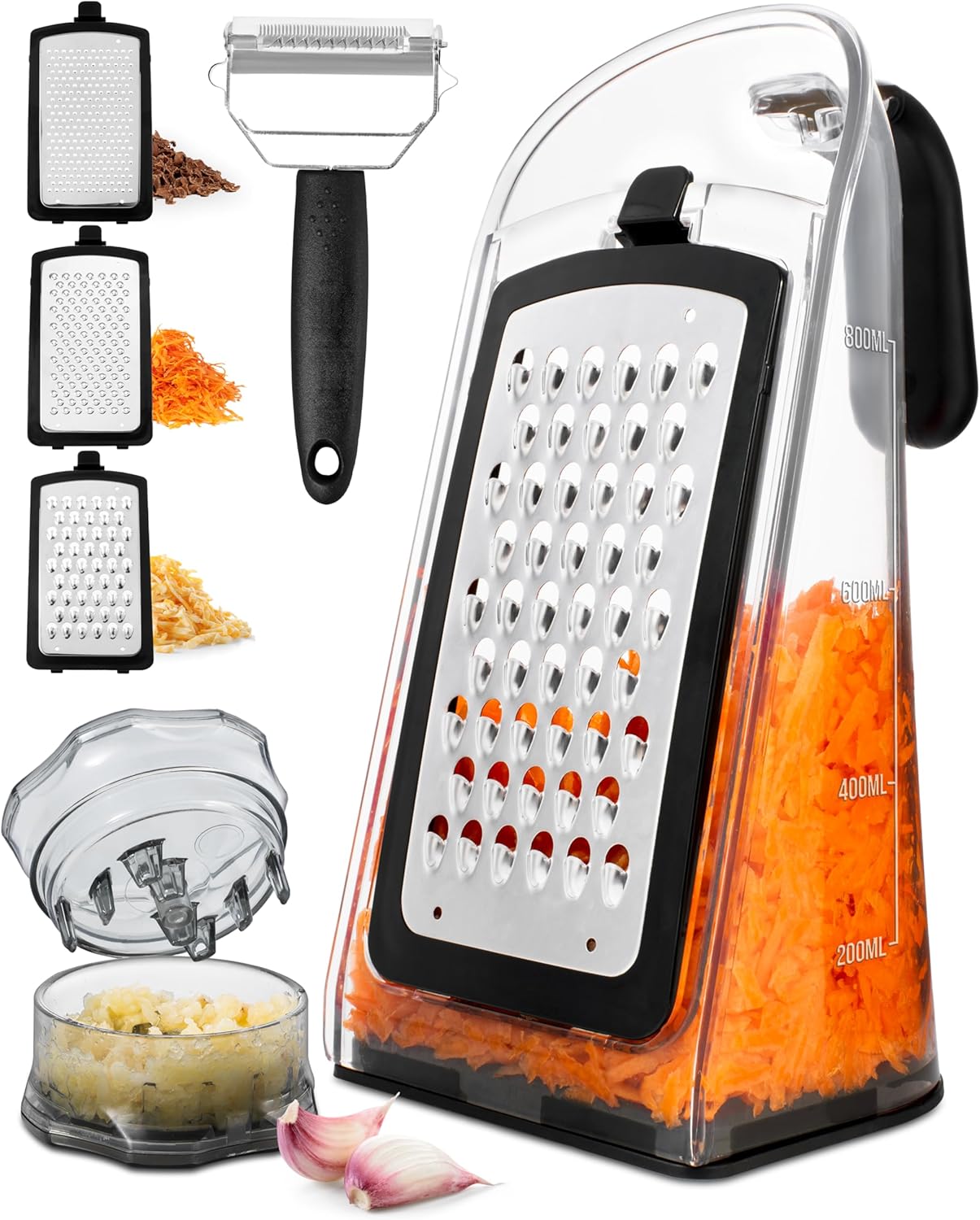 Cheese Grater with Handle - Box Grater Cheese Shredder - Stainless Steel Food Grater - Garlic Crusher and Mincer Tool