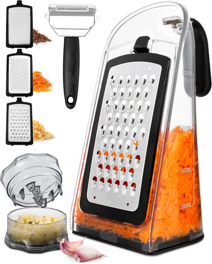 Cheese Grater with Handle - Box Grater Cheese Shredder - Stainless Steel Food Grater - Garlic Crusher and Mincer Tool