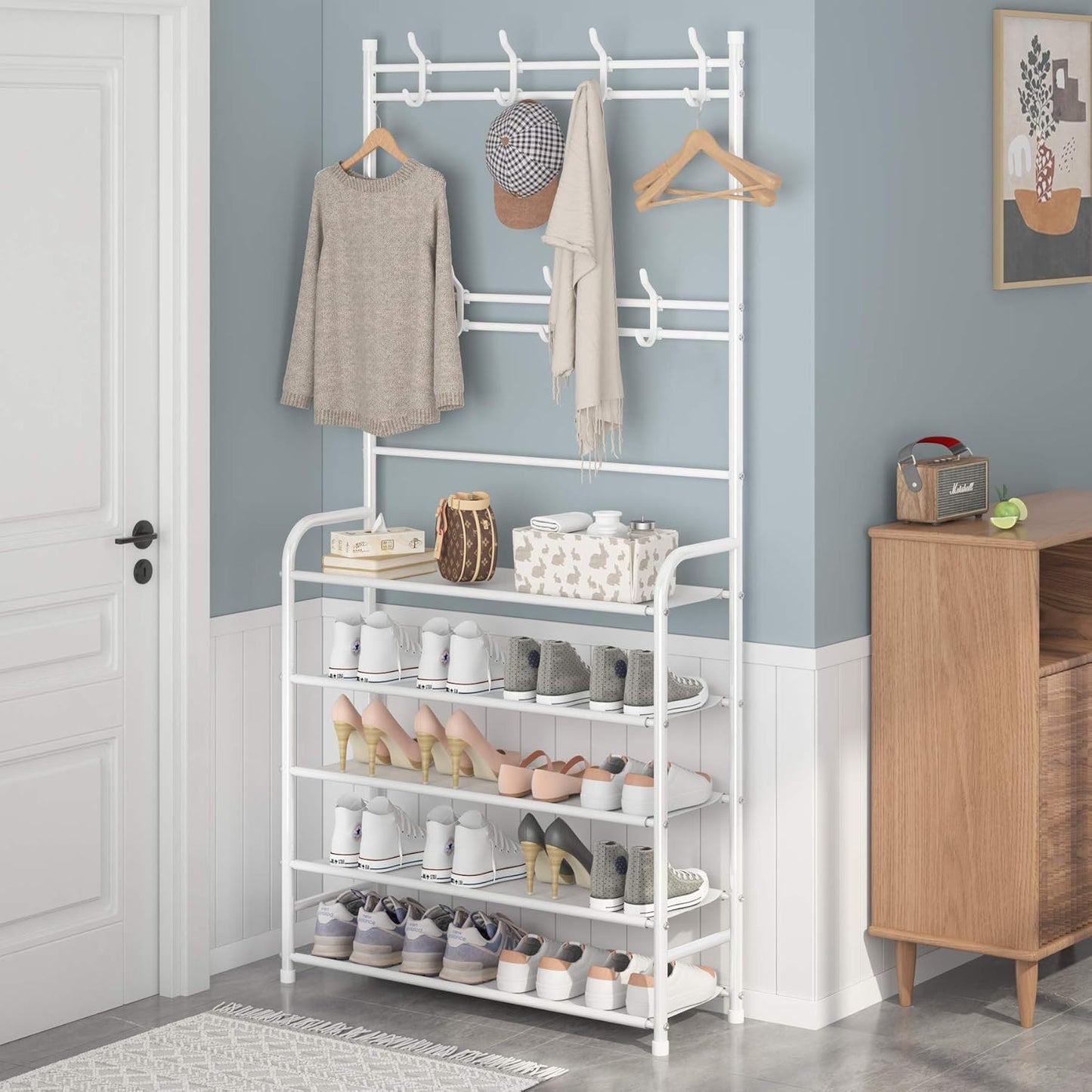 Rack,3-in-1 5-Tier 8 hooks,20-25 UDEAR Entryway Coat Hall Tree Multifunctional Storage Shelf with Shoe Bench and Pairs