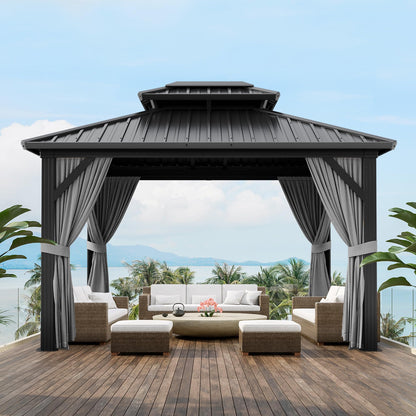 10' x 12' Aluminum Hardtop Gazebo with Double Metal Roof, All-Weather Permanent Outdoor Canopy with Netting & Curtains for Patio, Backyard, Deck, and Lawn