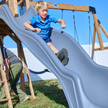 Backyard Discovery Dover Bay Spruce Wood Swing Set with Wave Slide, Clubhouse, Monkey Bars, Rock Wall, Belt Swings, Step Ladder, Toy Telescope, Chalkboard, Outdoor Playset