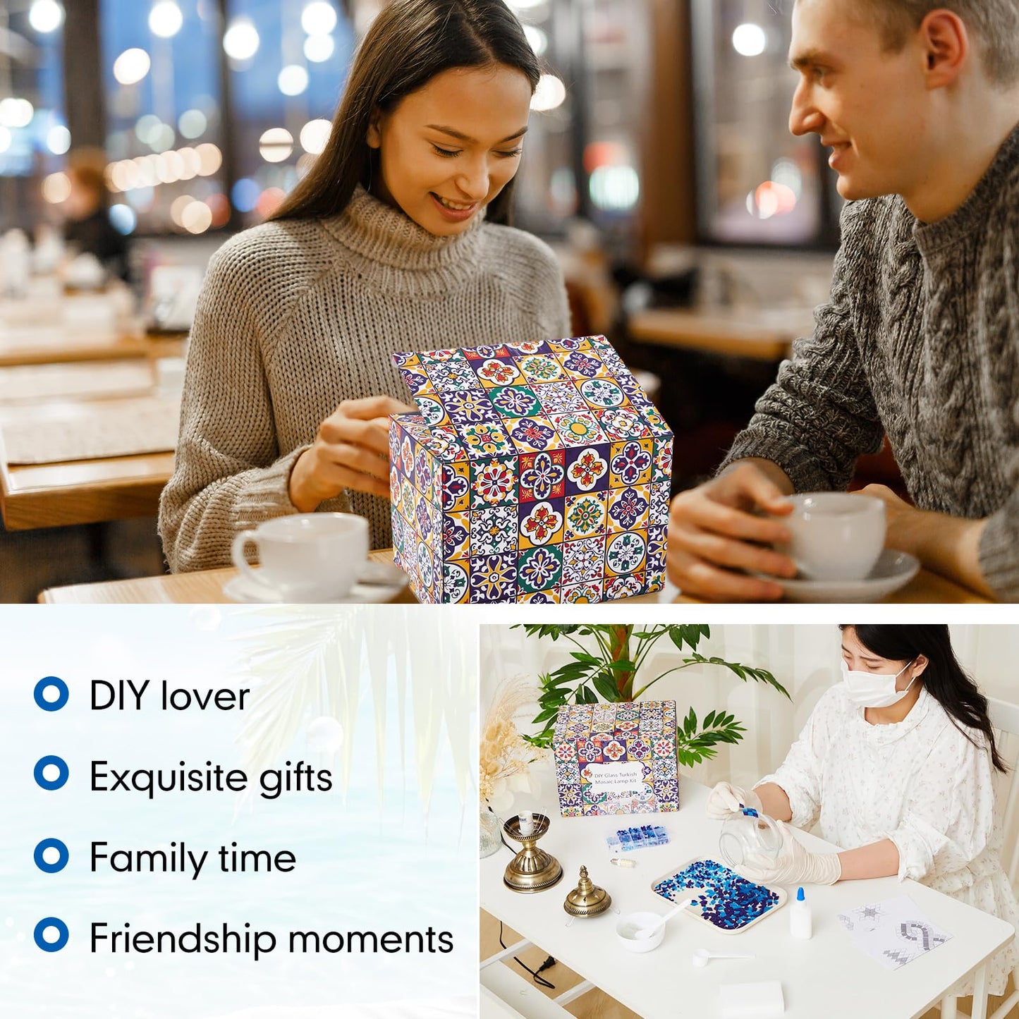 Baquler Turkish Mosaic Lamp Kit DIY Stained Glass Decorative Table Bedside Night Light Tabletop Bohemian Morrocan Lamp Crfat Kit for Living Room Decorations, Make Your Own(Blue)