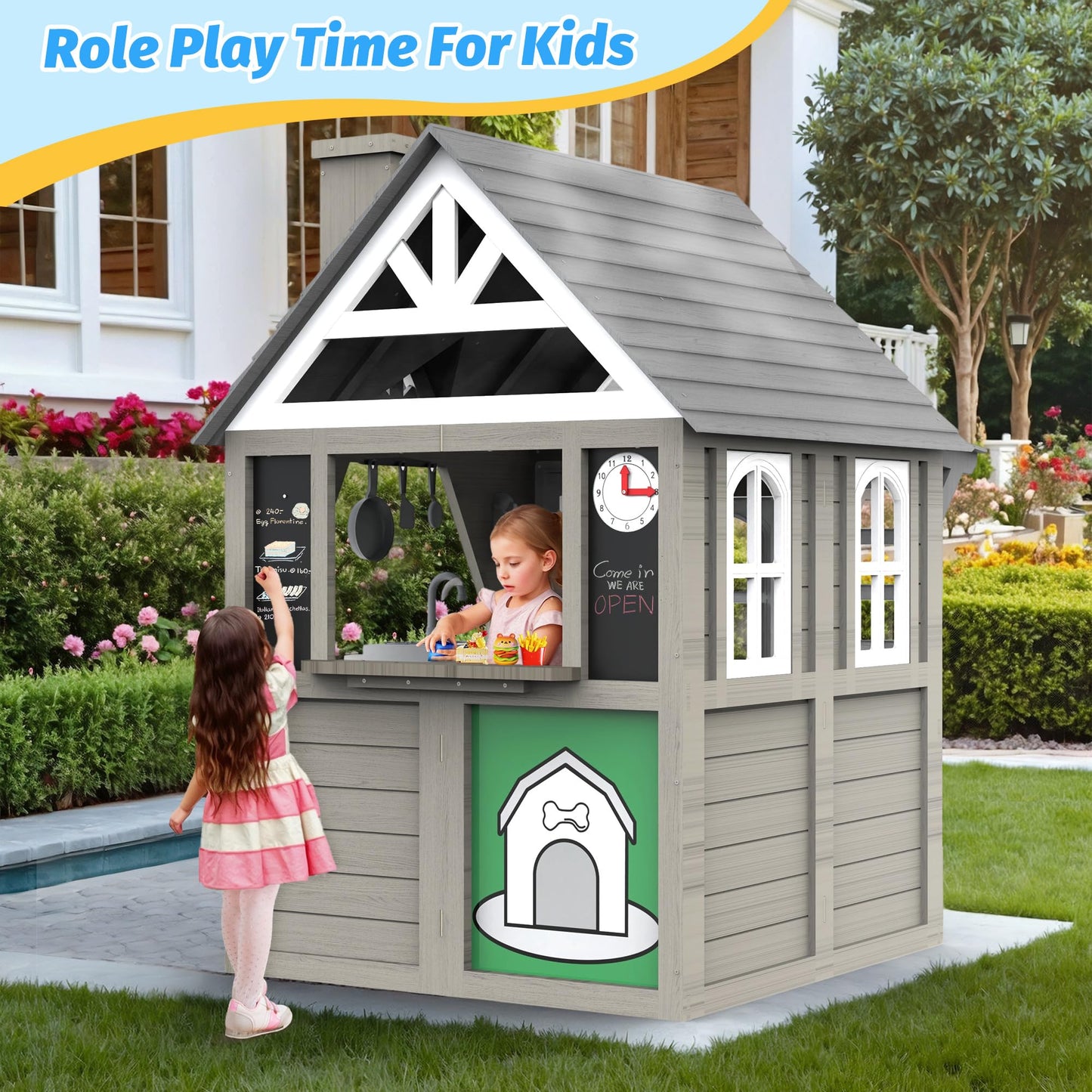 BTMWAY Kids Outdoor Playhouse,Cedar Gray Wooden Play House for Kids Ages 3-8, with Play Kitchen, Interactive Doorbell, Toy Phone, Sink, Flowerpot
