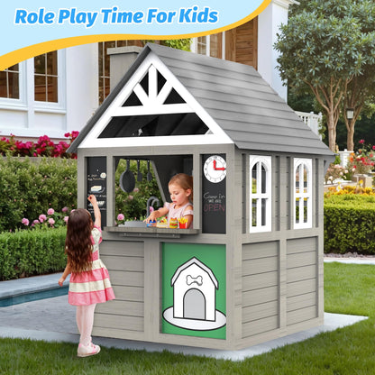 BTMWAY Kids Outdoor Playhouse,Cedar Gray Wooden Play House for Kids Ages 3-8, with Play Kitchen, Interactive Doorbell, Toy Phone, Sink, Flowerpot