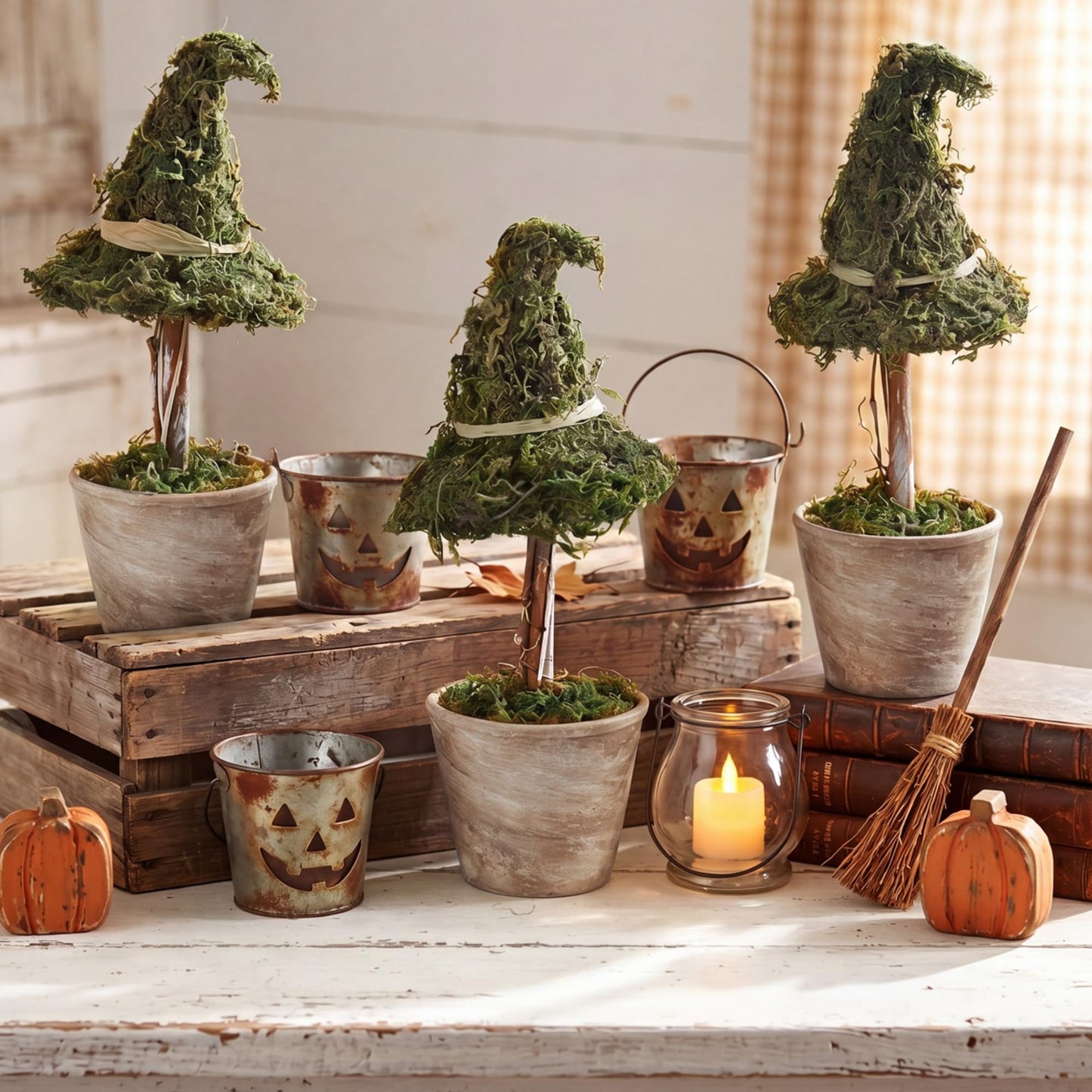 Thiccywoov 3 Pcs Halloween Witch Hat Topiary Plant with Pot Fake Small Moss Halloween Decorations Rustic Farm Witch Hat Plant Pot Tabletop Centerpiece for Home Bedroom Tiered Tray Decor Gifts 8.6inch