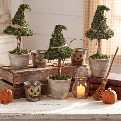 Thiccywoov 3 Pcs Halloween Witch Hat Topiary Plant with Pot Fake Small Moss Halloween Decorations Rustic Farm Witch Hat Plant Pot Tabletop Centerpiece for Home Bedroom Tiered Tray Decor Gifts 8.6inch