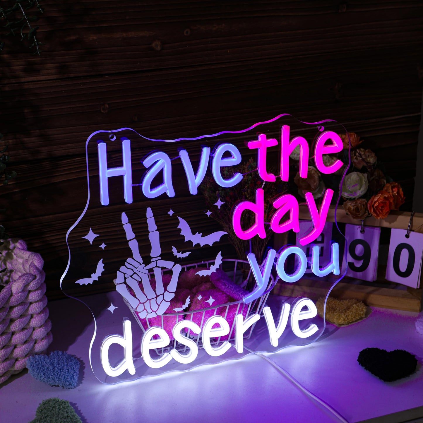 Have The Day You Deserve Gothic Emo Neon Sign Edgy Dark Humor Skeleton Hand Funny LED Neon Light for Home Bar, Horror Room Decor, Ironic Gift for Sarcastic Friends