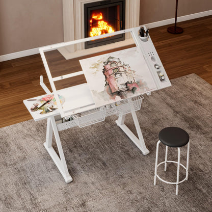 Hassyee Hand Crank Adjustable Tempered Glass Drafting Drawing and Printing Table with Chair and Storage Space for Living Room, Study, Bedroom (White)