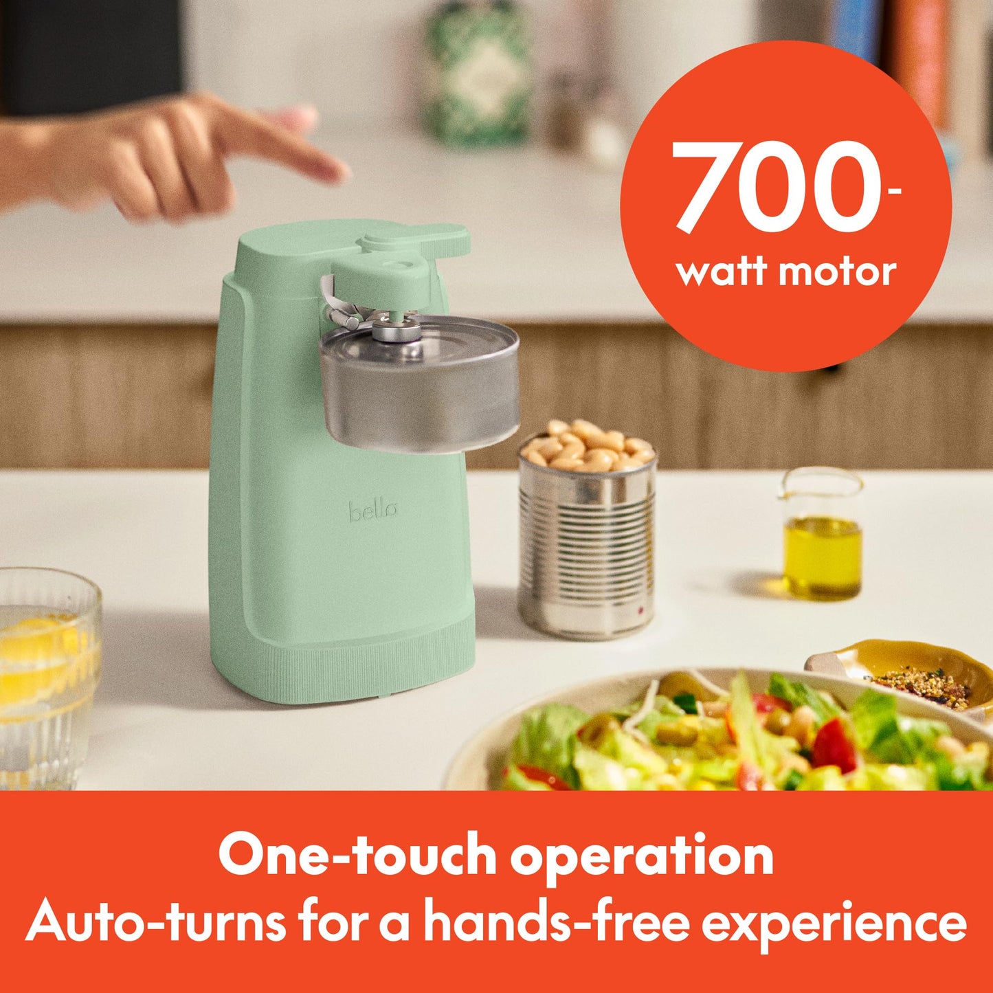 bella Electric Can Opener and Knife Sharpener, Multifunctional Jar and Bottle Opener with Removable Cutting Lever and Cord Storage, Stainless Steel Blade, Surf
