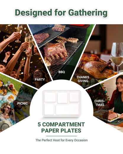 ZOES HOMEWARE 5 Compartment Plates Disposable, 100 Pack, 12.5" X 8.6" 100% Compostable Disposable Paper Plates with Dividers for School Lunch, Party, Buffet, Picnic