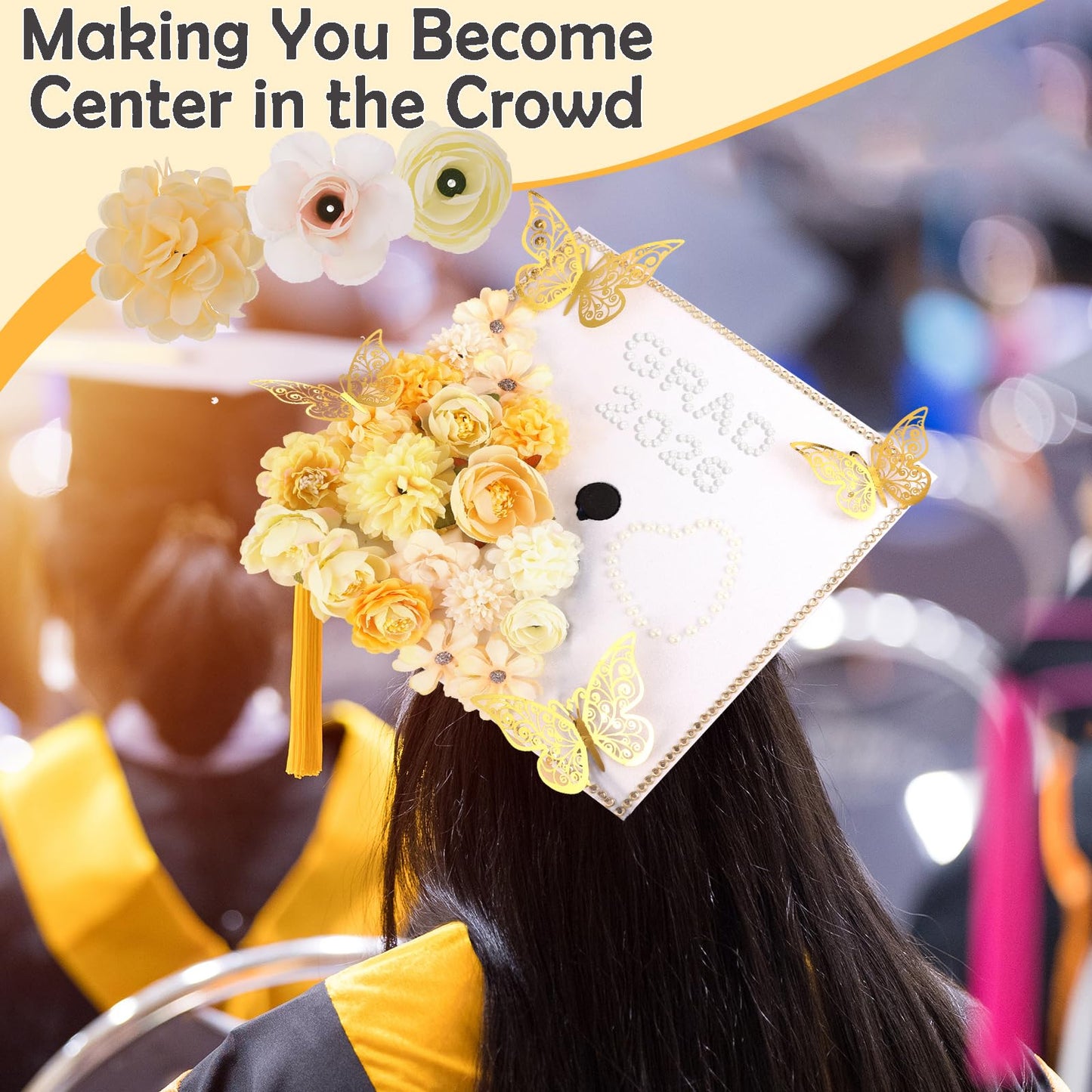 Ywdbzjhs 51 PCS DIY Graduation Grad Cap Decoration Kit - 12 Cream Construction Paper with Artificial Flower Heads 3D Butterfly Pearl Adhesive Dots Rhinestone Stickers for DIY Grad Hat Topper(White)