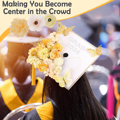 Ywdbzjhs 51 PCS DIY Graduation Grad Cap Decoration Kit - 12 Cream Construction Paper with Artificial Flower Heads 3D Butterfly Pearl Adhesive Dots Rhinestone Stickers for DIY Grad Hat Topper(White)