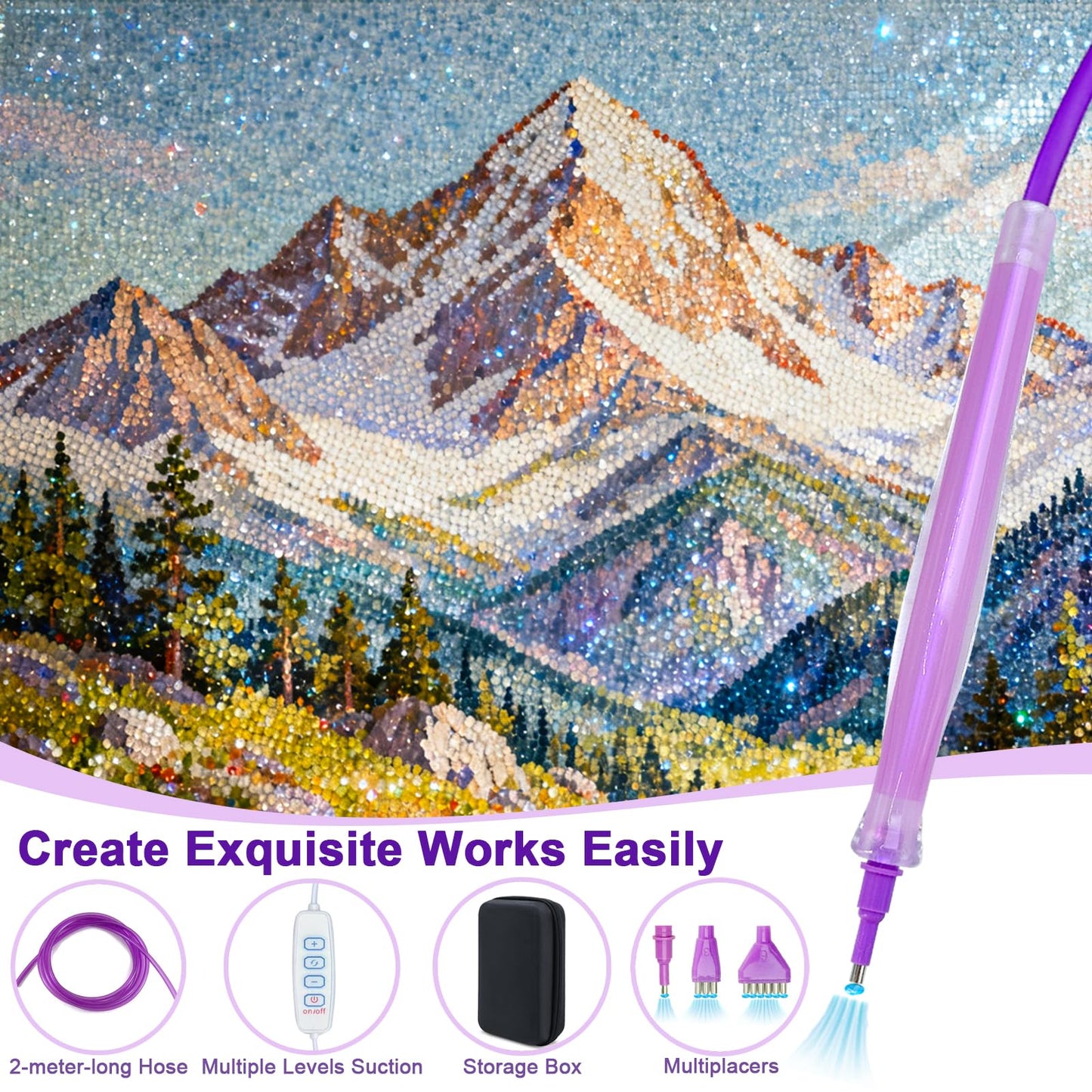 Electric Diamond Art Painting Pen with 3 Replacement Tips, Portable Storage Case & 2 Meters Tube, Ergonomic Diamond Art Pen with Adjustable Speed Setting, No Wax Needed for Faster Diamond Art