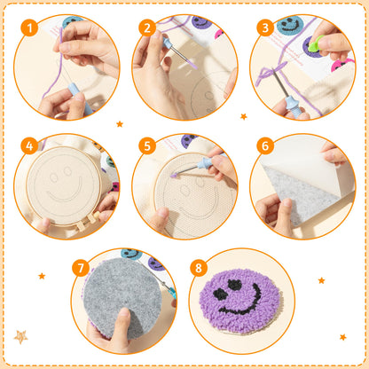 FoszaSzept Smile Punch Needle Coaster Kit, 22Pcs Embroidery Needle Coasters Crafts for Beginners, Easy DIY Mug Tufted Making Set with 6 Patterns Hoop Self Adhesive Felt Cloth Threading Device Gifts