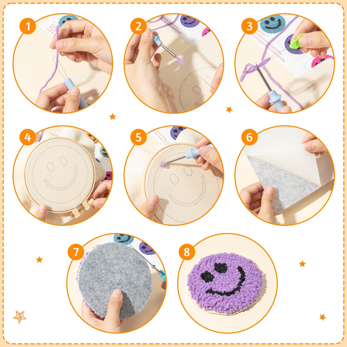 FoszaSzept Smile Punch Needle Coaster Kit, 22Pcs Embroidery Needle Coasters Crafts for Beginners, Easy DIY Mug Tufted Making Set with 6 Patterns Hoop Self Adhesive Felt Cloth Threading Device Gifts