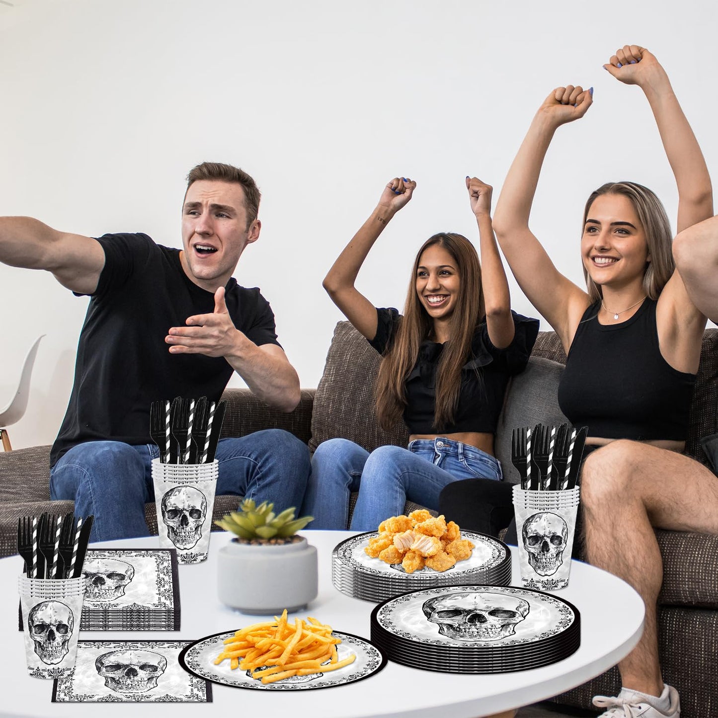 140Pcs Black Skull Birthday Party Decorations for 20 Guests - Halloween Tableware Skull Party Supplies Plates and Napkins Forks Cups Straws for Baby Shower Birthday Decorations