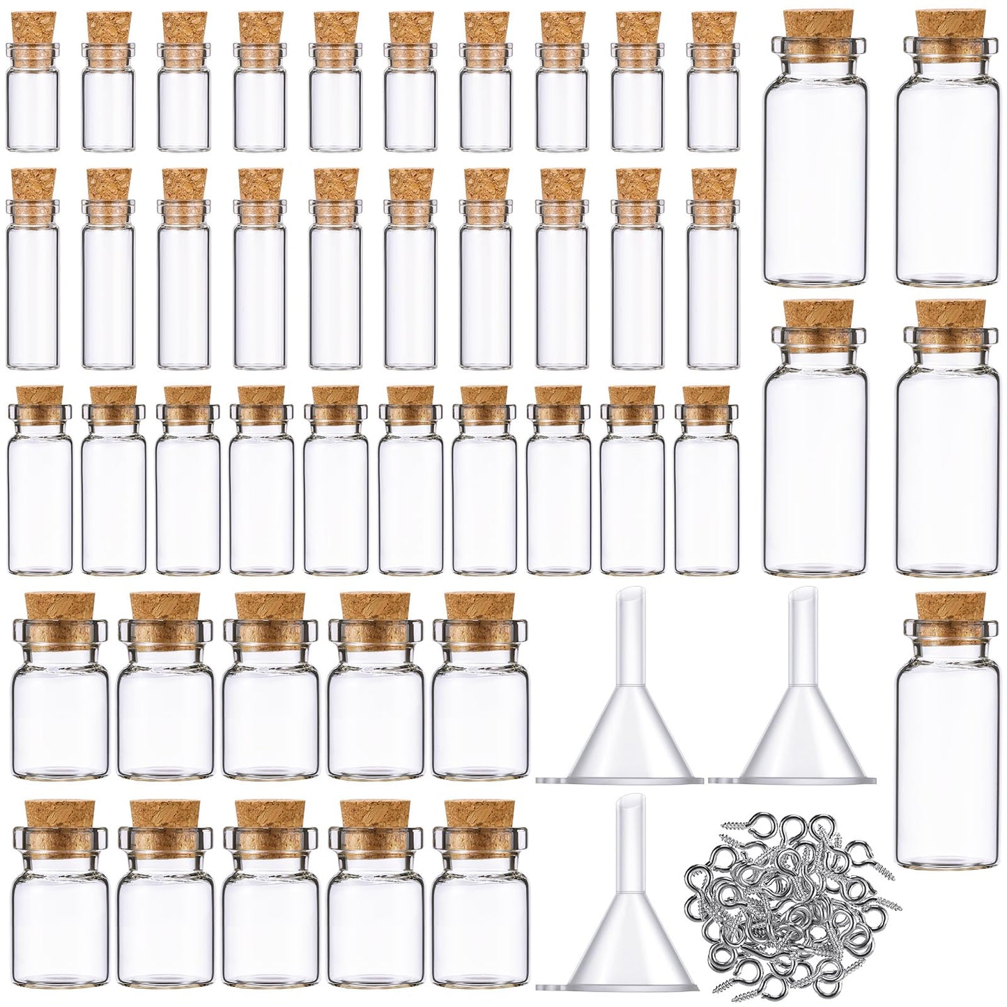 Sherli 45 Pcs Mini Tiny Glass Jars Small Bottles with Cork Stoppers Spell Jars with Eye Screws and Funnels Tiny Cork Glass Bottles for DIY Art Craft (1ml, 2ml, 3ml, 5ml, 10ml)