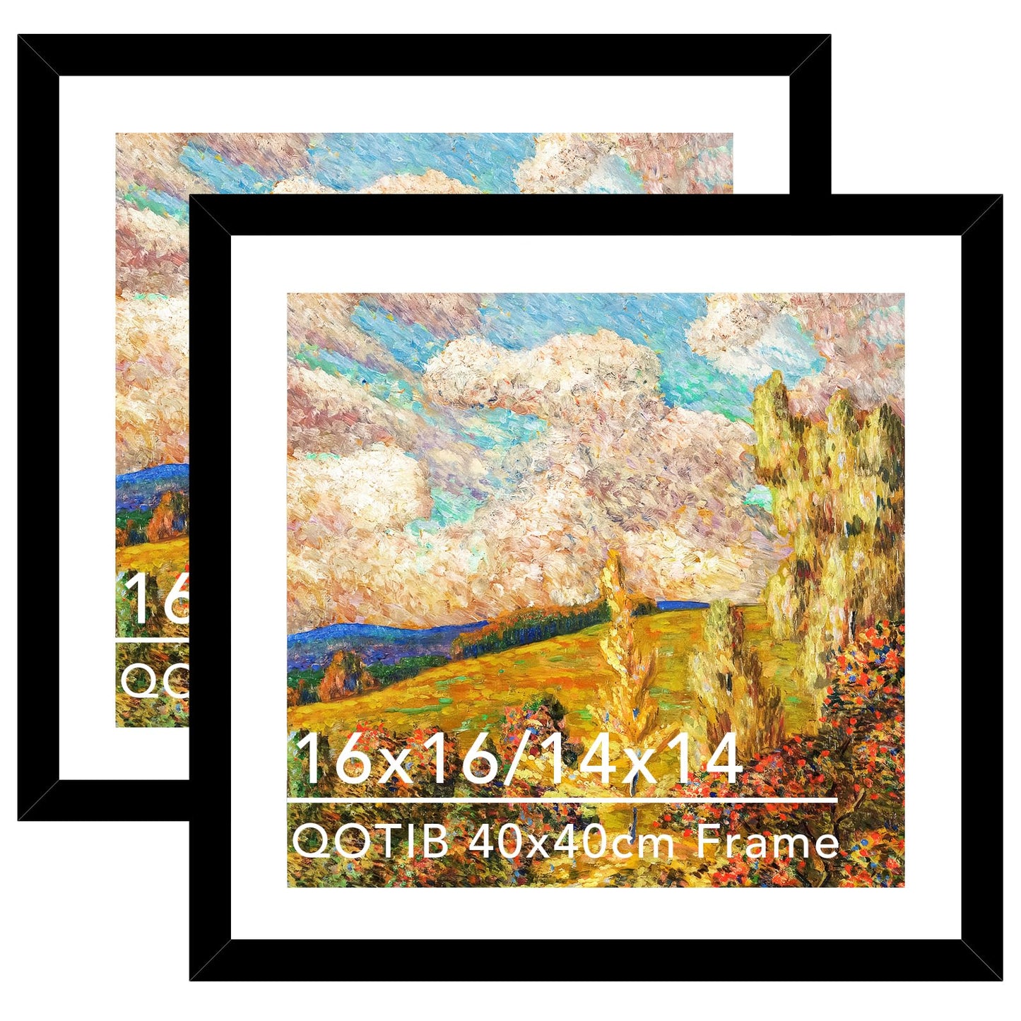 QOTIB Wood 16x16 Frame Set of 2 with 14x14 Mat, for 40 x 40cm Diamond Art Painting, Display Picture 14 x 14 with Mat or 16 x 16 without Mat, Large 40x40 Picture Frame for Wall Hanging, Black, 2 Pack