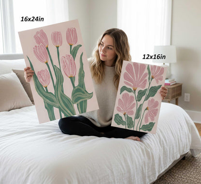 3 Pcs Pink Tulips Flowers Canvas Wall Art Boho Pink and Green Abstract Floral Botanical Paintings Pictures Wall Decor Poster Print Artwork for Living Room Bedroom Home Decoration Unframed
