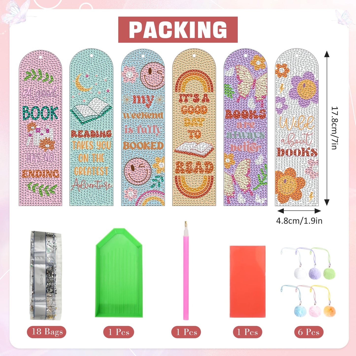 6PCS Kids Diamond Art Bookmarks Kit– DIY Reading Gifts for Classroom, Inspirational Quote Designs – Fun Art & Craft Activity for Boy and Girls