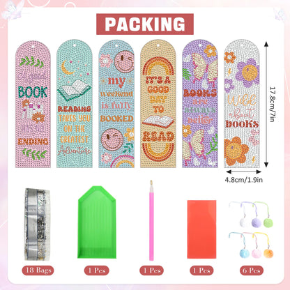 6PCS Kids Diamond Art Bookmarks Kit– DIY Reading Gifts for Classroom, Inspirational Quote Designs – Fun Art & Craft Activity for Boy and Girls
