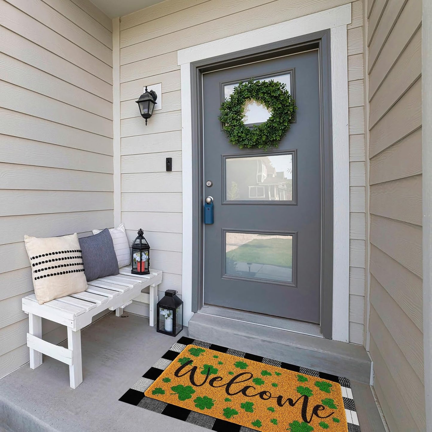 Fabbay 2 Pcs Fall Welcome Doormat, Layered Buffalo Plaid Rug, Pumpkin Rug for Halloween Thanksgiving Indoor Outdoor