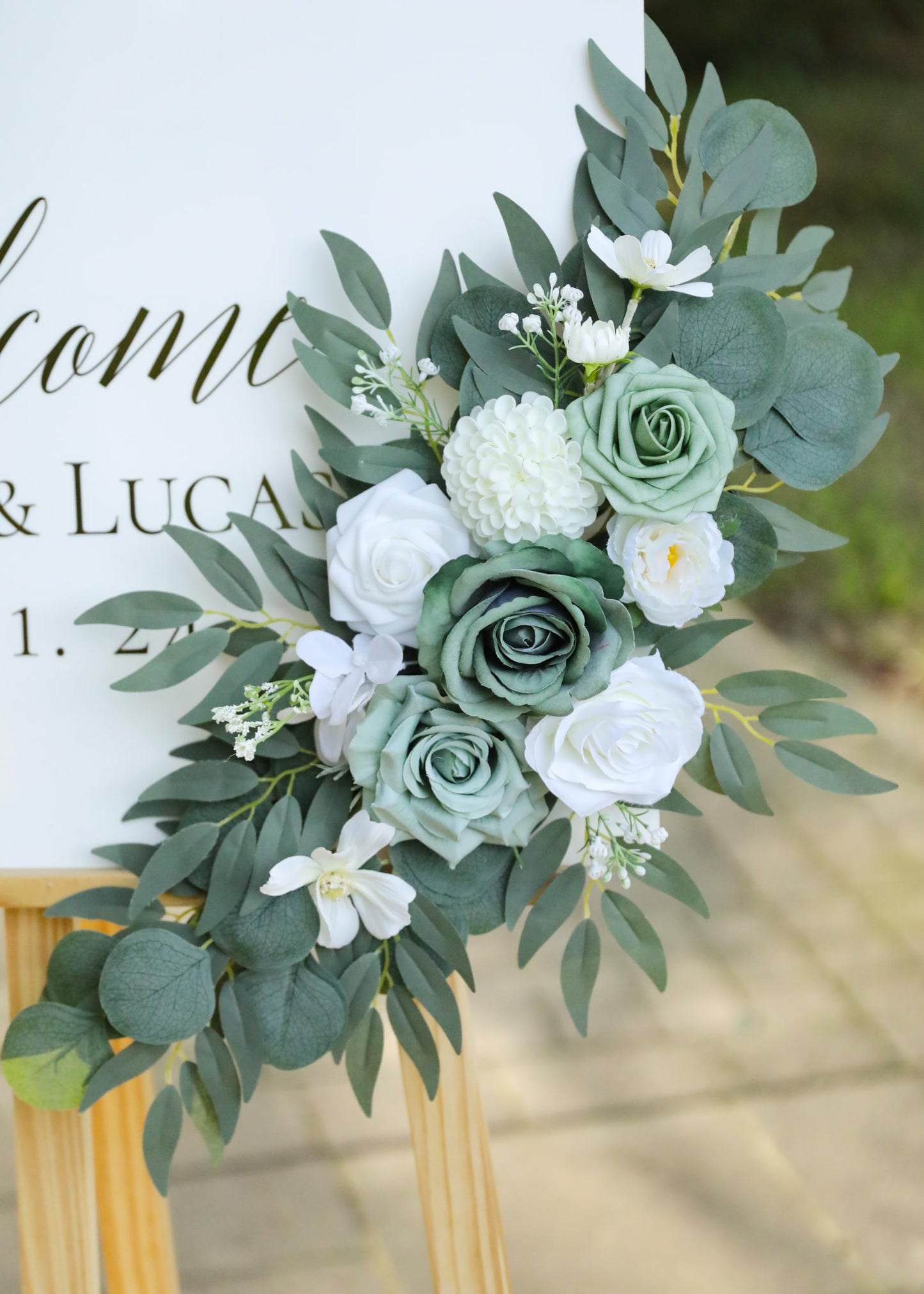 Udoula Artificial Sage Green Wedding Arch Flowers Swags Set of 2 for Welcome Signs, Reception and Ceremony Decorations - White Floral Decor