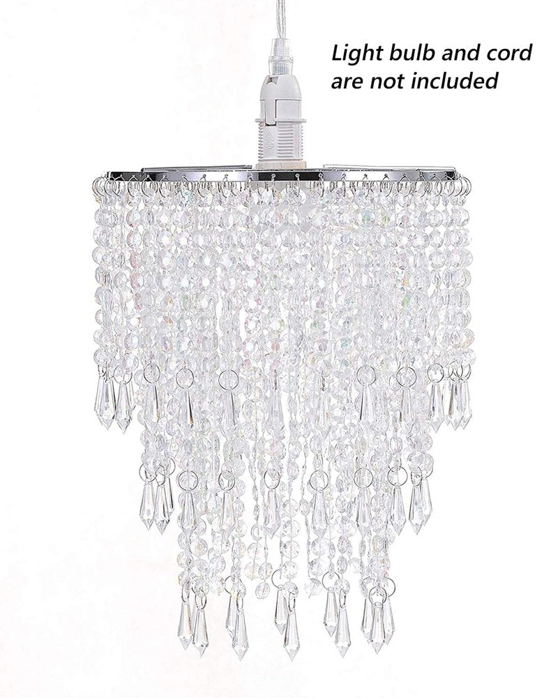 Waneway 3 Tiers Ceiling Chandelier Pendant Light Shade with Acrylic Jewel Droplets, Beaded Lampshade with Chrome Frame and Clear Beads, Diameter 8.7 inches, Clear