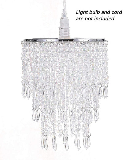 Waneway 3 Tiers Ceiling Chandelier Pendant Light Shade with Acrylic Jewel Droplets, Beaded Lampshade with Chrome Frame and Clear Beads, Diameter 8.7 inches, Clear