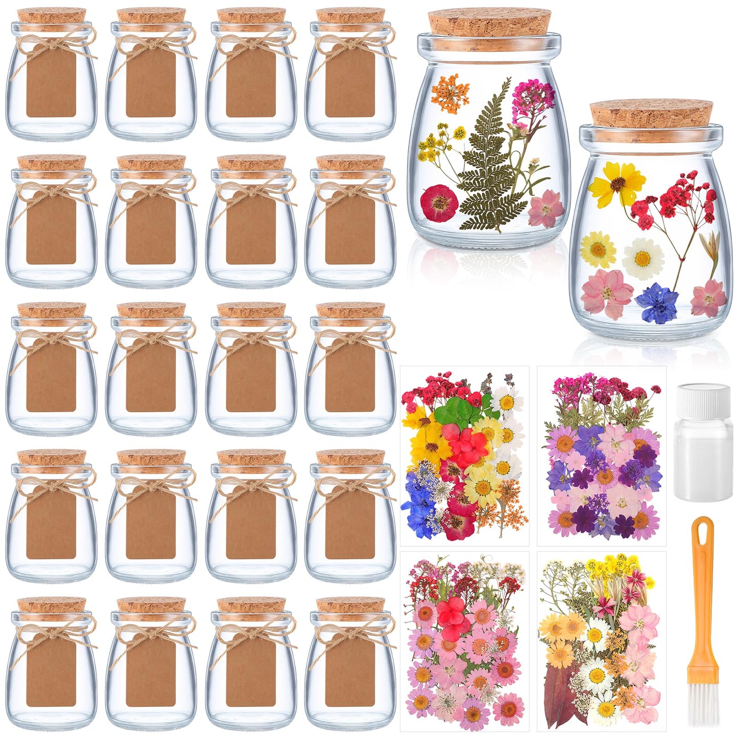 Mimorou 162 Pcs DIY Dried Pressed Flowers Mason Jar with Cork Lids Set 140 Natural Real Pressed Flowers 20 Small Glass Favor Jars 3.5 oz Making Favor for Wedding DIY Candle Craft