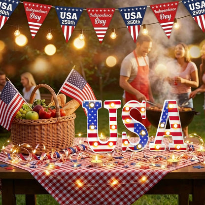 InnovaTools 3 Pcs Light Up Letters, 4th of July Patriotic USA LED Marquee Letter Lights, American Flag Red White Blue Decor for 250th Anniversary Independence Day Table Centerpiece Home Decorations