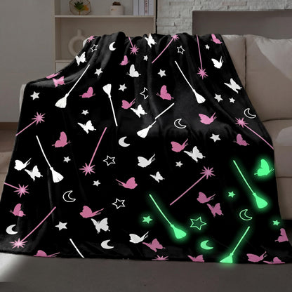 Hillsuren Glow in the Dark Witch Theme Blanket Black Broom Pink Magic Wand Flannel Throw Blanket 50 x 60 Inch for Girls Fun Sofa Bed Gift Decoration